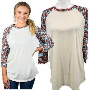 PRISSY JANE Womens Cream Southwestern Tribal Print Raglan Baseball Tee Shirt XL